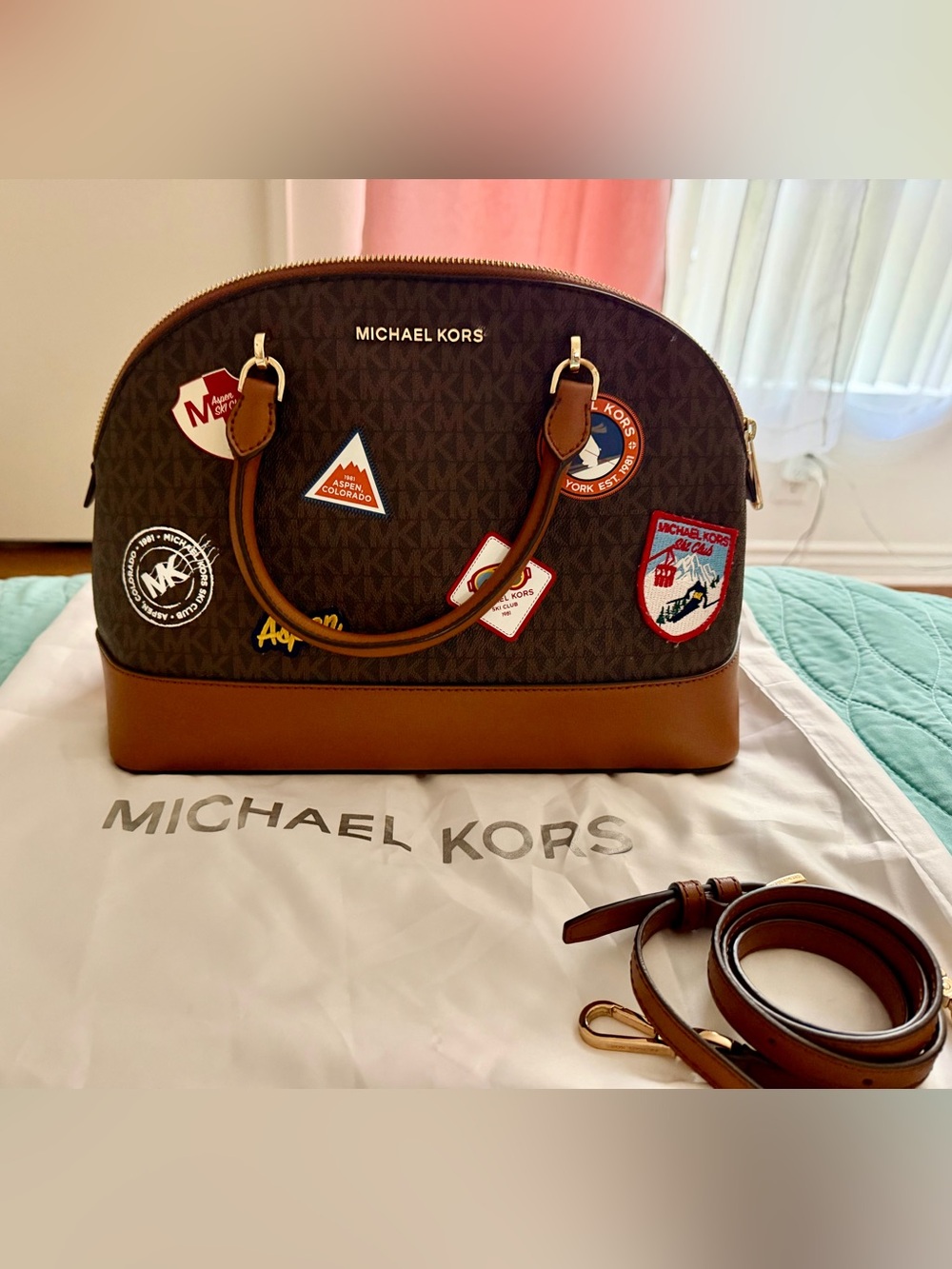 Michael Kors Brown Logo Dome Satchel with Patch Accents and Tan Trim 💯 % Auth.